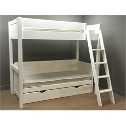  Aspace Warwich high sleeper bunk bed, full size single bed on raised platform, above free standing single day bed, with two storage drawers on castors, wide tread ladder,  two mattresses, white finish W202cm, H178cm, D101cm  