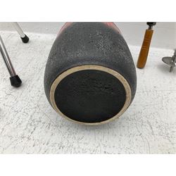 Two smooth polished ram horn handled Shepherd's crooks and a further similar example, together with various shooting sticks, walking sticks and canes, housed in a volcanic lava glaze West German style vase