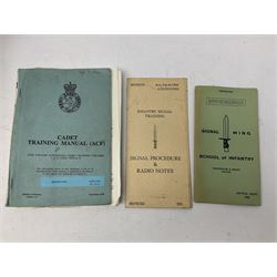 Collection of nineteen British Army booklets 1940s - 1970s including Small Arms Training 1944, various Infantry Training, Cadet Training Manual 1978, Signal Training, Commander's Aide Memoires etc; 1950s blue beret with Yorks Brigade badge; part travelling toilet set in cloth roll; all contained in pine box with webbing straps