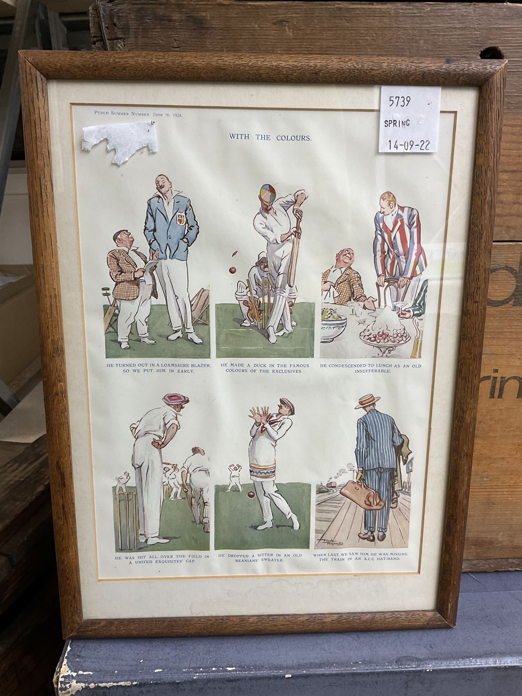 Two wicker baskets, three pine lidded bottle crates with quantity of glass bottles, comprising one with R.L. June & Co Ltd Mansfield black lettering and pair detailed Mandora Soft Drinks, Mappin & Webb blue cardboard box and framed With the Colours Punch 1924 print, larger basket W60cm