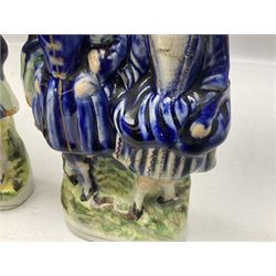 Quantity of Victorian and later Staffordshire style figures, to include examples upon horseback, sheep, drummer etc