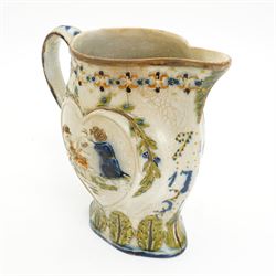 Prattware jug bearing initials JB and dated 1796, moulded with 'Mischievous Sport' and 'Sportive Innocence' pattern, painted in typical colours, H15cm