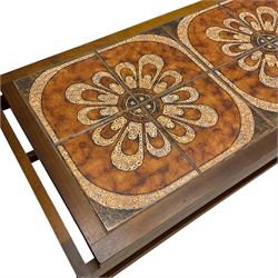 Mid-20th century teak coffee table, rectangular top with inset tiled surface over slatted undertier