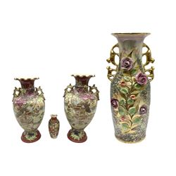 Mid-late 20th century French vase of baluster form, with applied floral decoration and gilding, and twin handles, with impressed mark beneath, H55cm, together with Pair of Japanese satsuma vases of baluster form, with twin handles and polychrome decoration depicting Samurai warriors, and another smaller vase, largest H39.5cm