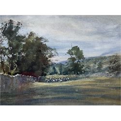 Brian Irving (British 1931-2013): Shepherd Herding Sheep in Rural Landscape, watercolour unsigned, attribution label verso by son 27cm x 26cm