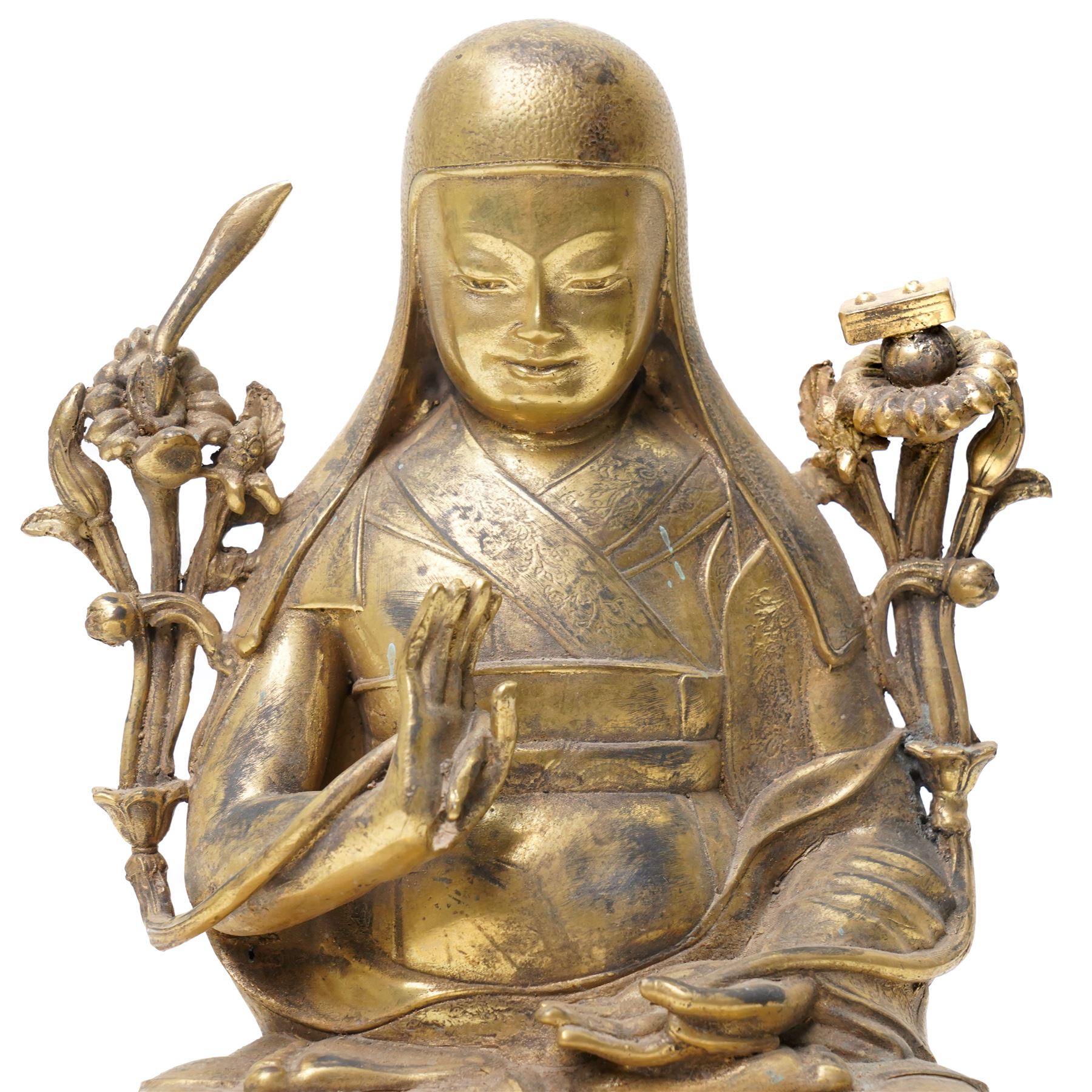 Tibeto-Chinese gilt bronze Buddha or Tsongkhapa figure, H24cm  