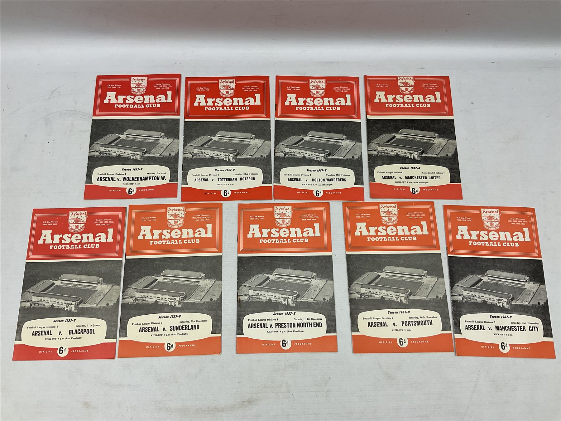 Arsenal F.C. - forty-nine home programmes for 1956/57 (21), 1957/58 (13) & 1958/59 (15) including Division One, F.A. Cup (including replays) and Friendly Matches (49). Auctioneers Note: The February 1st match against Manchester United (result Arsenal 4 Manchester United 5) was the final domestic league match played by the Manchester United first team before the Munich Air Crash - thus it was the last game played in the U.K. by the 'Busby Babes', before the tragic death of several of these players.
