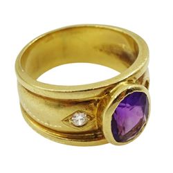 18ct gold oval amethyst and diamond dress ring, stamped 750
