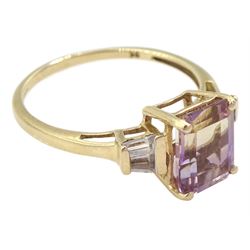 9ct gold emerald cut ametrine and tapered baguette cut white topaz ring, hallmarked
