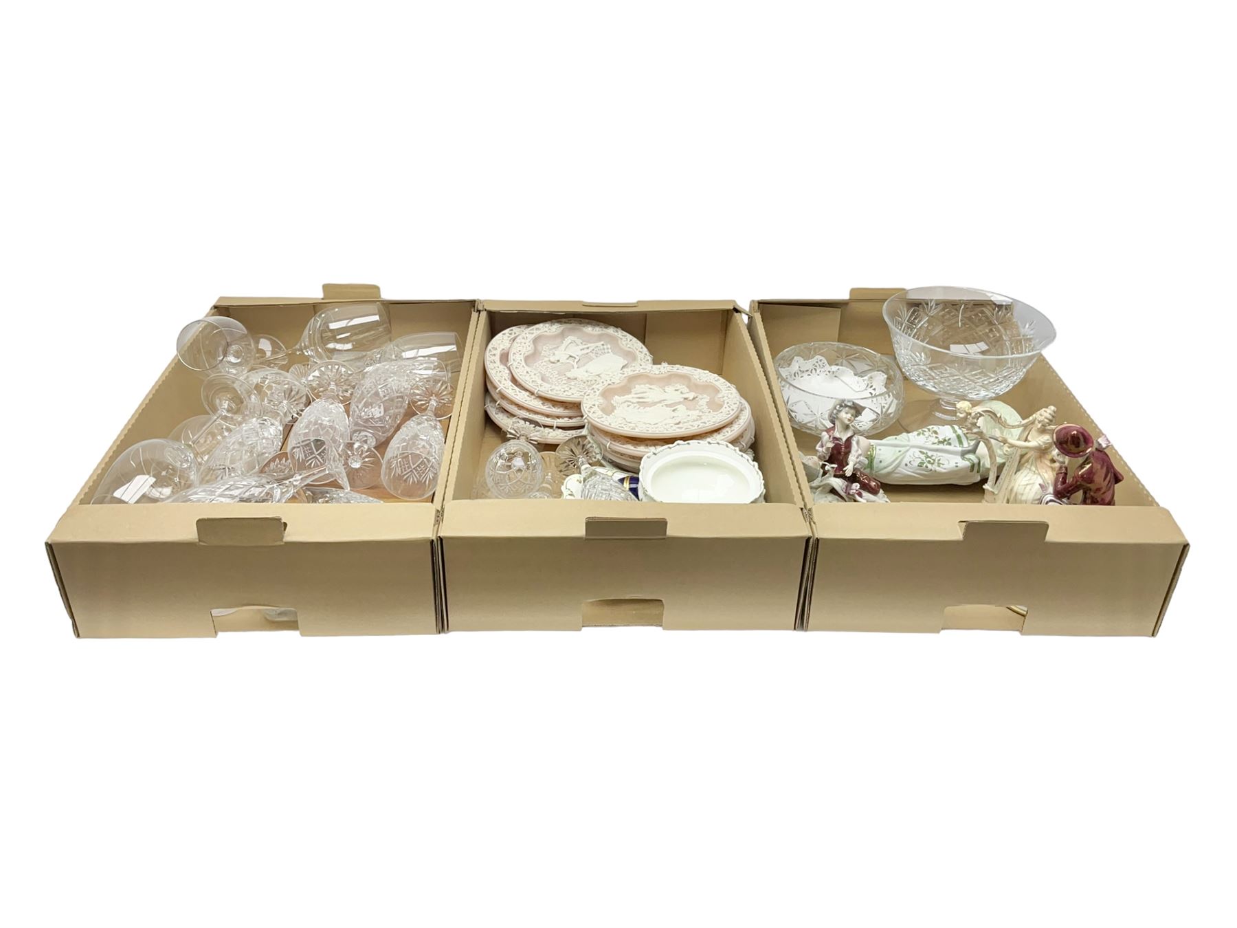 Bradford Exchange 'Shakespearean Lovers' collectors plates, continental figures, Royal Doulton and Dartington Crystal glassware and other ceramics and collectables, in three boxes