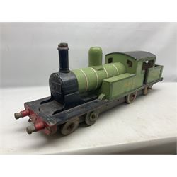 1960s scratch-built green, black and red painted wooden model of a 4-6-0 tank locomotive 'Andrew' No.7365 L88cm; and an unused wall mounting die-cast model display cabinet with glass door and shelves 52 x 40cm (2)