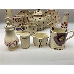 Collection of Emma Bridgewater spongeware ceramics, to include Pink Hearts pattern teapot, milk bottle vase, teacup and saucers, Love & Kisses sugar shaker and large 'I love you more than Marlon Brando' mug, British Birds and Black and White pattern mugs, etc, all with printed marks beneath, tallest H21.5cm