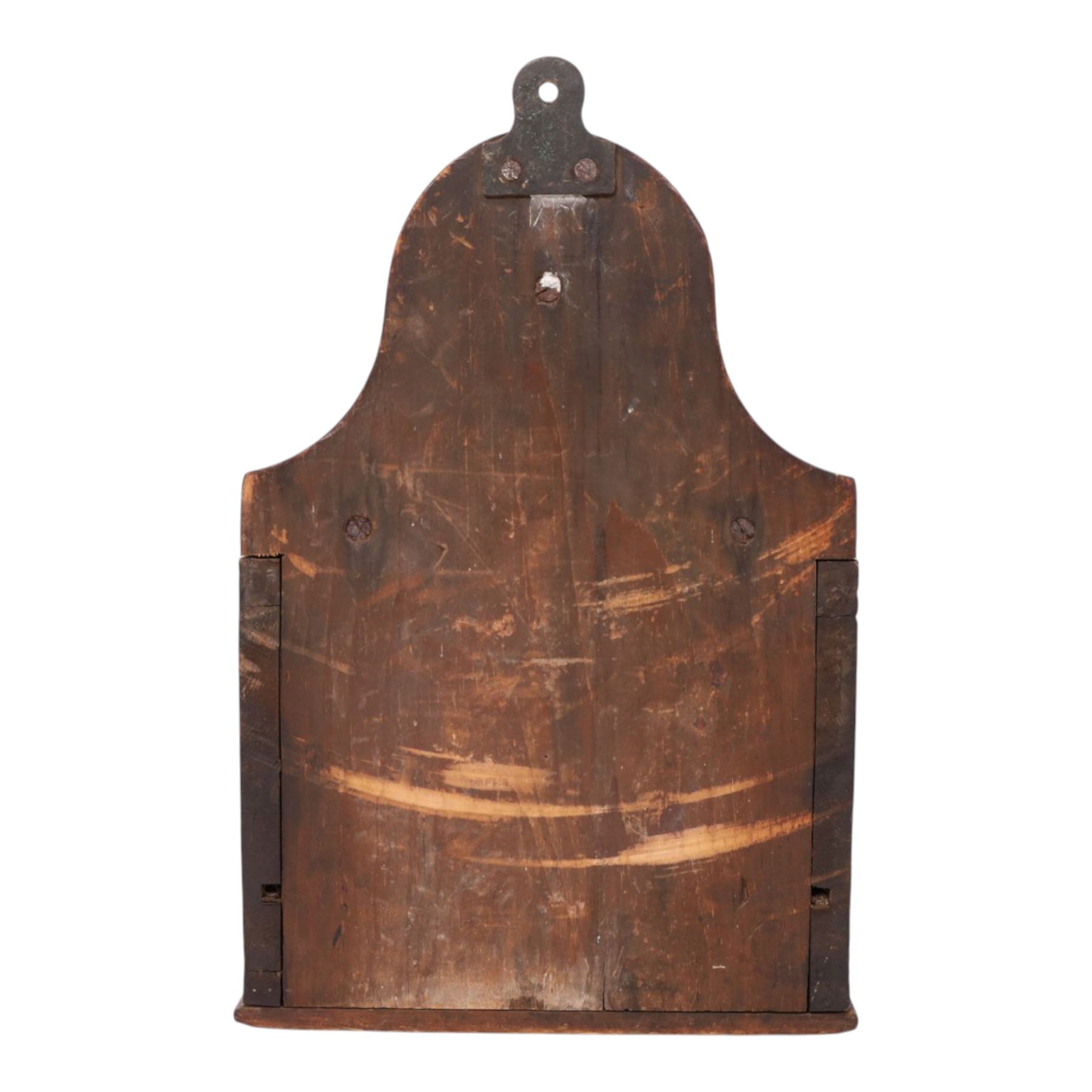 19th century salt box, wall mounted, lift open top, above a single drawer, with ceramic handle, painted plaque to the front, H31cm, D24cm  