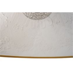 Marcel Wanders for Flos - pair of 'Skygarden S2' suspension lights, the monumental gilt domed shades concealing richly modelled white plaster interiors of Baroque-inspired floral and foliate ornament, with a large moulded central ceiling rose comprised of acanthi and extending ribbon festoons