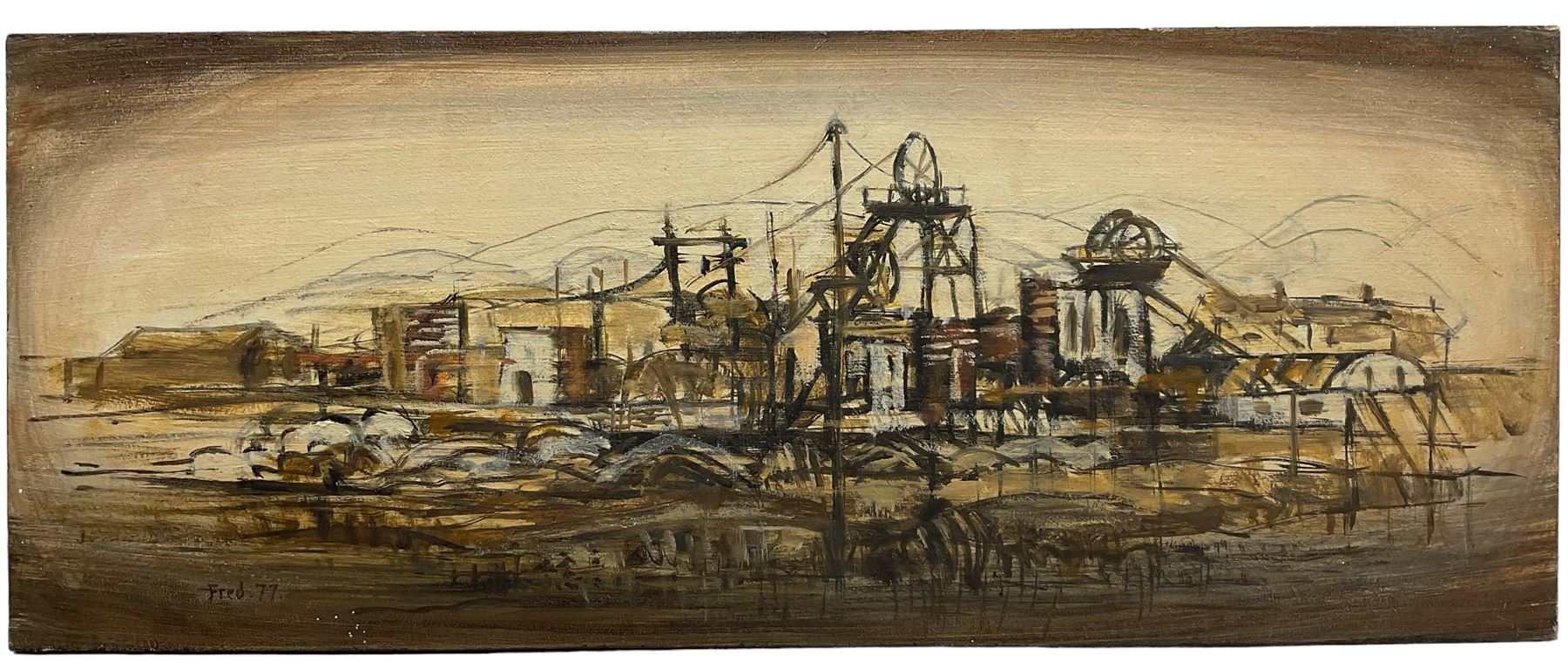 Fred M Atkinson (British 1941-2014): 'Based on Marley Hill Colliery - Between Burnopfield and Whickham', oil on panel signed and dated '77, titled verso 41cm x 101cm (unframed)