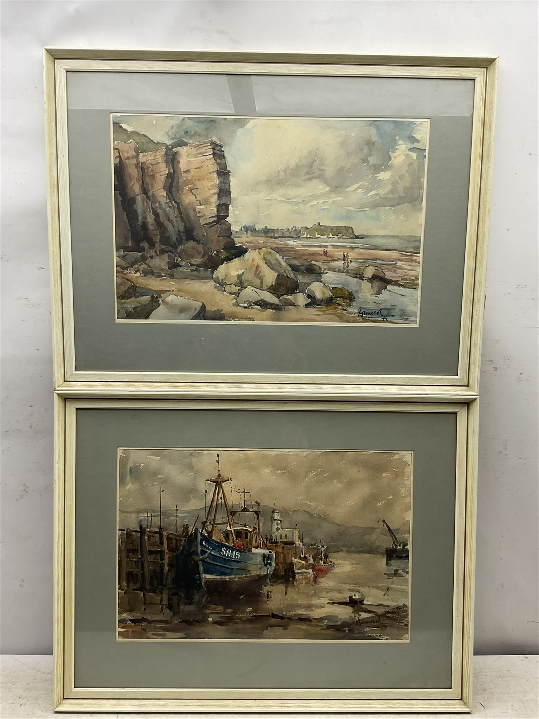 Jim Jameson (Yorkshire 20th century): 'South Beach' and 'Blue Boat - Scarborough Harbour', pair watercolours signed and dated '77, titled verso with artist's address label 34cm x 53cm (2)