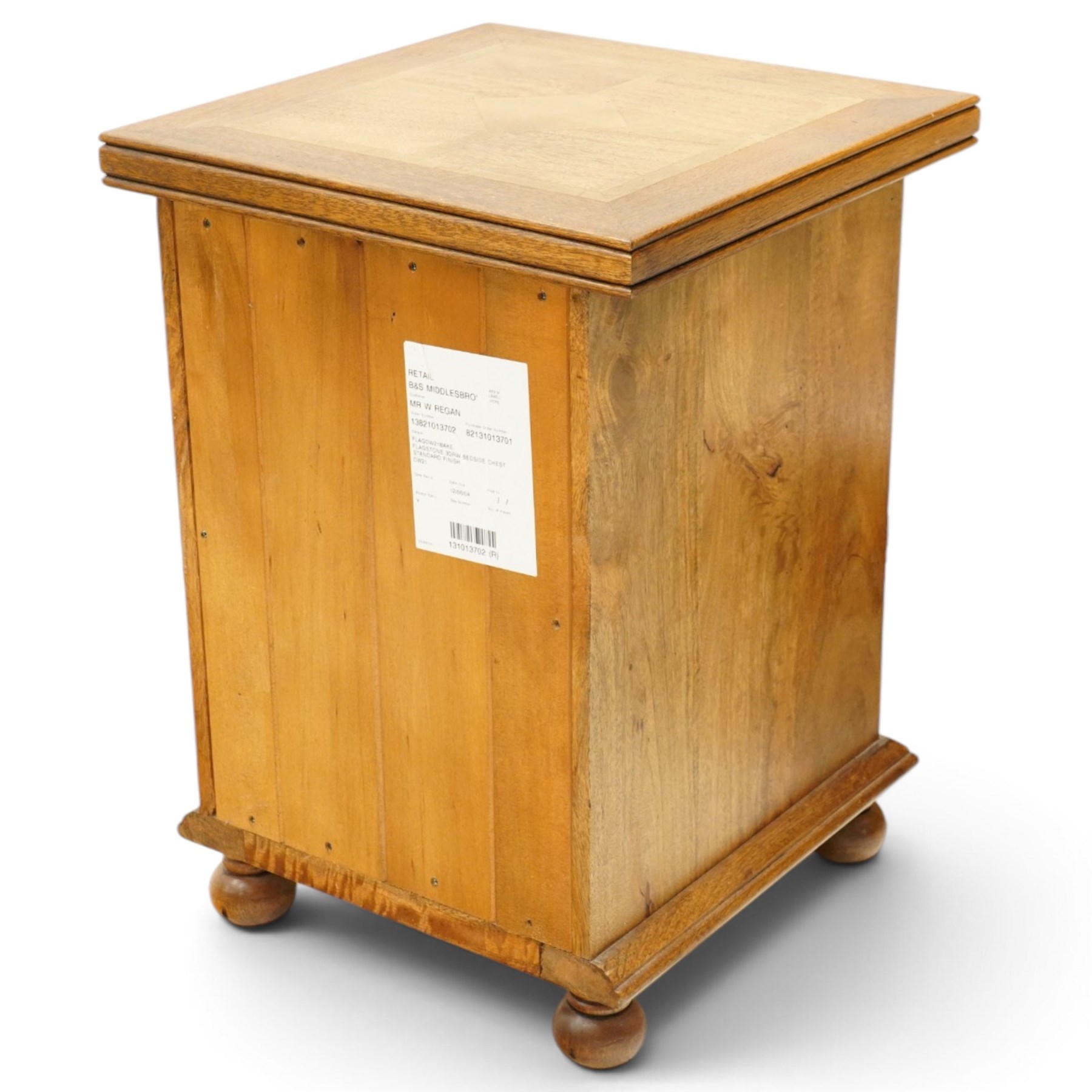 Barker & Stonehouse - pair of contemporary flagstone and mango wood bedside chests, the rectangular inlaid top over three drawers with metal ring handles, on compressed bun feet