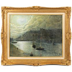B Pearson (British 20th century): Whitby by Moonlight, oil on canvas signed and dated 1986, 40cm x 50cm