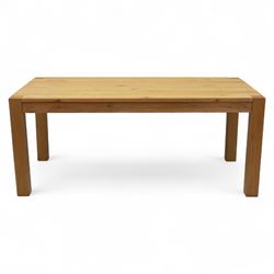 Modern oak dining table, rectangular form with detachable twin leaf extensions, supported on straight square-section legs (Extends to 280cm) 