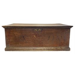 18th century oak chest, the hinged cover with applied mould above front with carved detail 'M.S. 1770', with moulded skirt base, H27cm L72cm D37cm