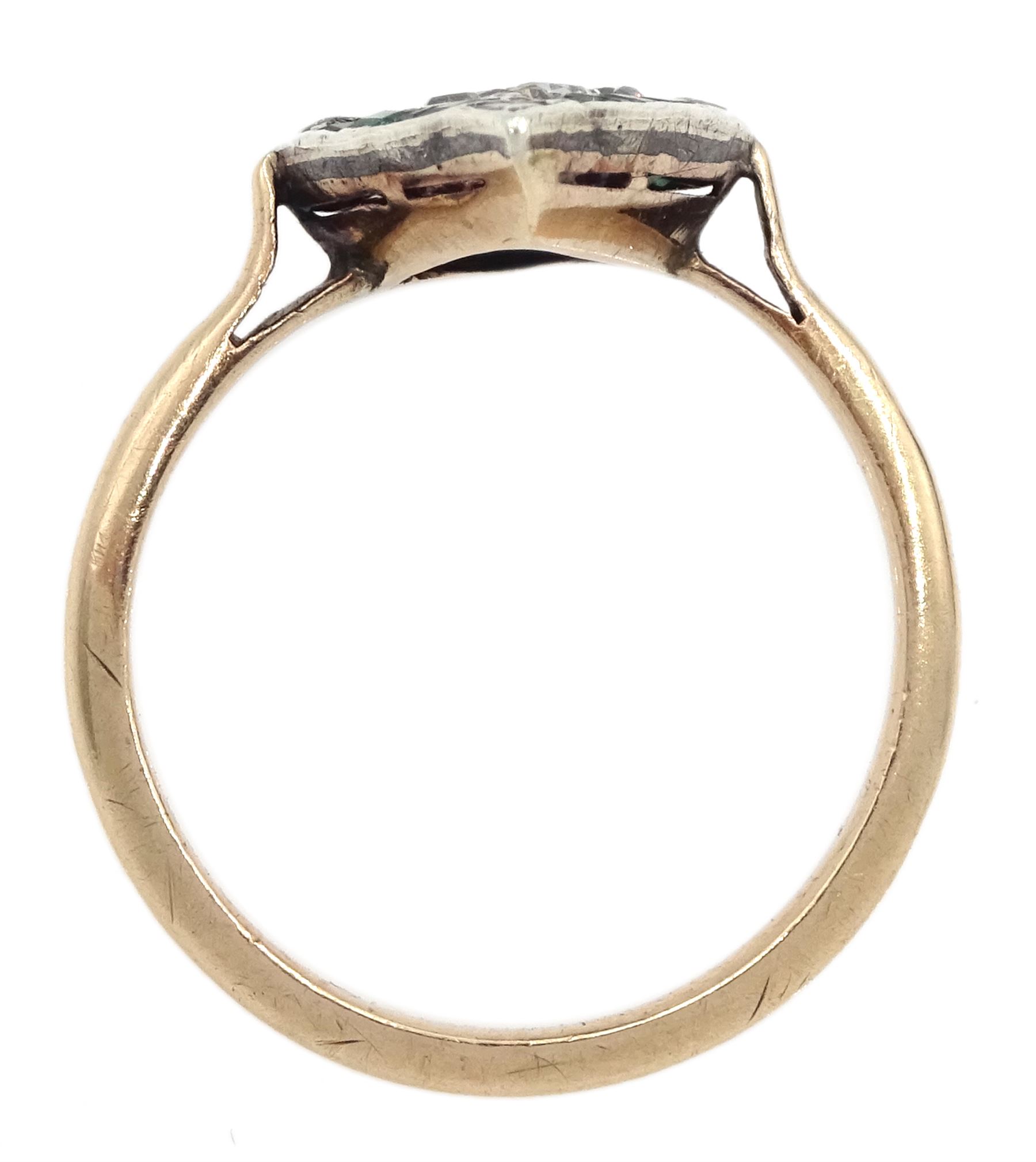 Gold diamond and emerald kite shaped cluster ring, nine old cut diamonds, with calibre cut emerald and diamond set border