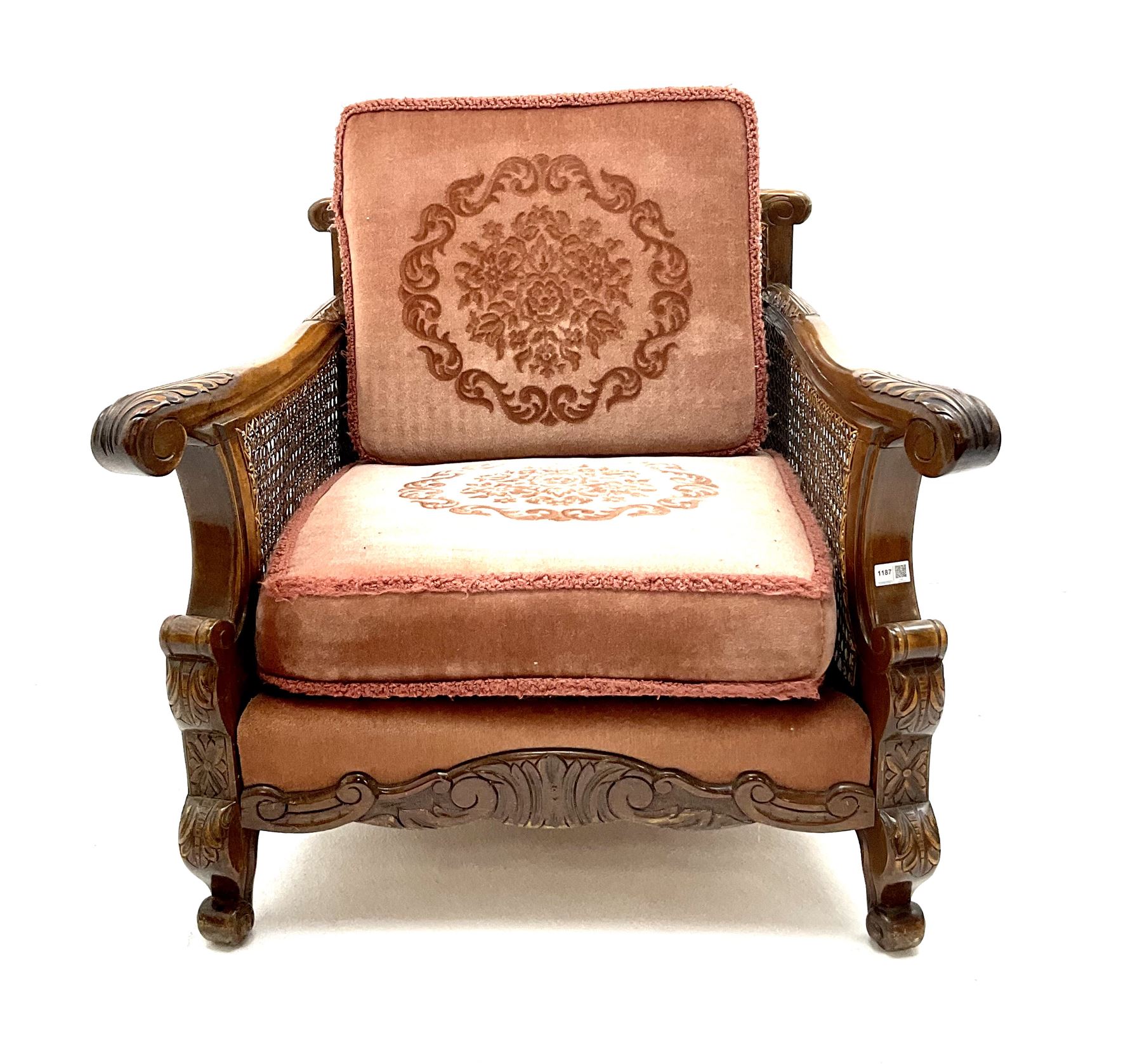 Early 20th century bergere armchair, double cane work sides, acanthus carved scrolling arms and supports 