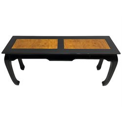 20th century Chinese ebonised lacquered console table, rectangular top with contrasting elm rectangular panels, shaped apron over curved supports