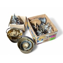 Collection of sliver plate and brass items including buckets and a kettle, butter churner and other kitchen wares etc