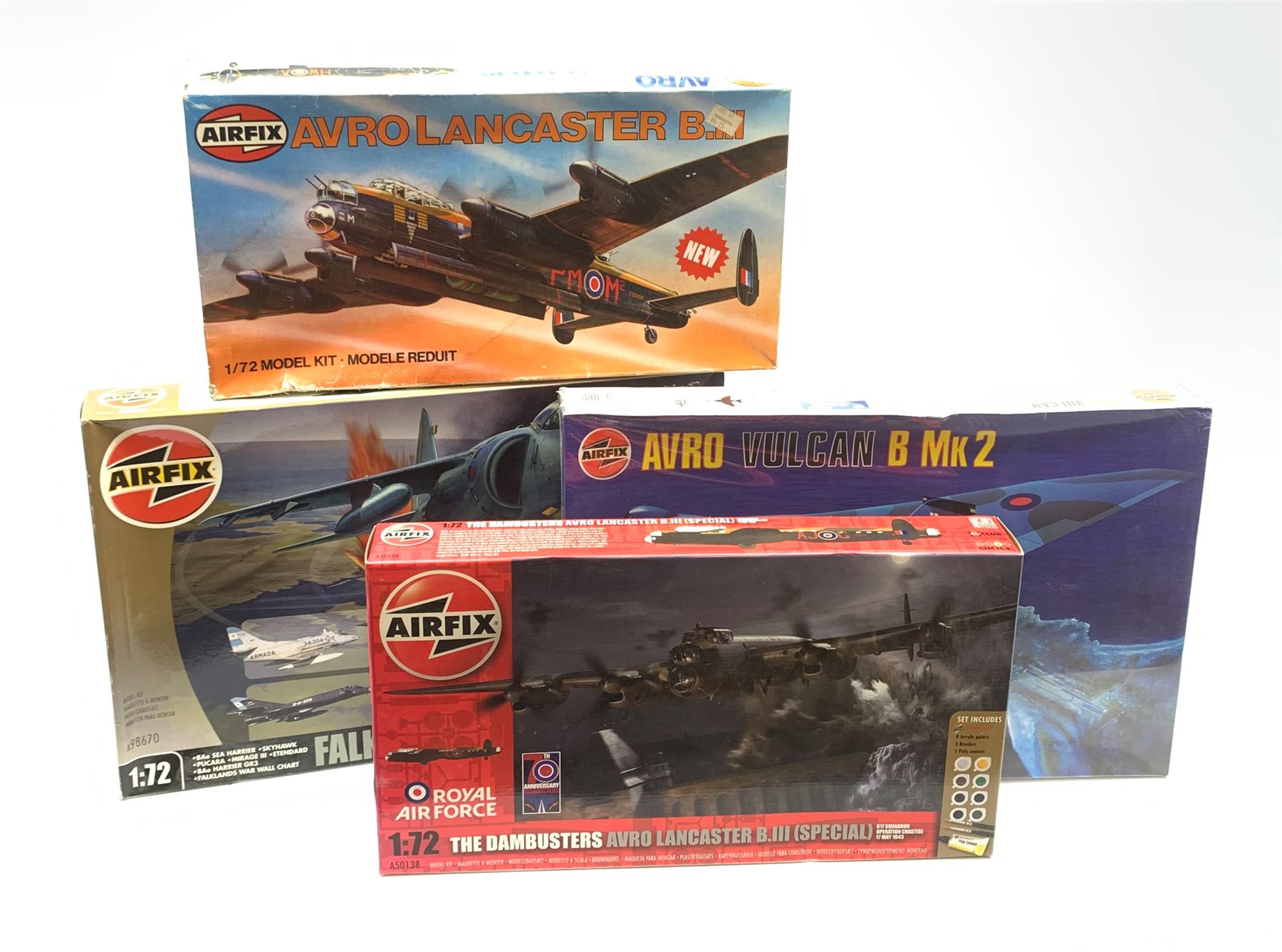 Four Airfix 1/72nd scale military airplane plastic model kits - Avro Vulcan B Mk.2, The Dambusters Avro Lancaster B.III (Special), Falklands War Collection and Avro Lancaster B.III; three in factory sealed boxes and one boxed in factory sealed transparent packaging (4)