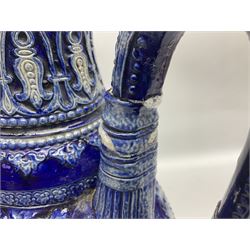 German stoneware blue glazed vase of flattened form with twin handles, H49cm (a/f)