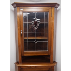  Edwardian mahogany floor standing corner cabinet, lead and stained glass glazed display cabinet above panelled cupboard, W90cm, H200cm  