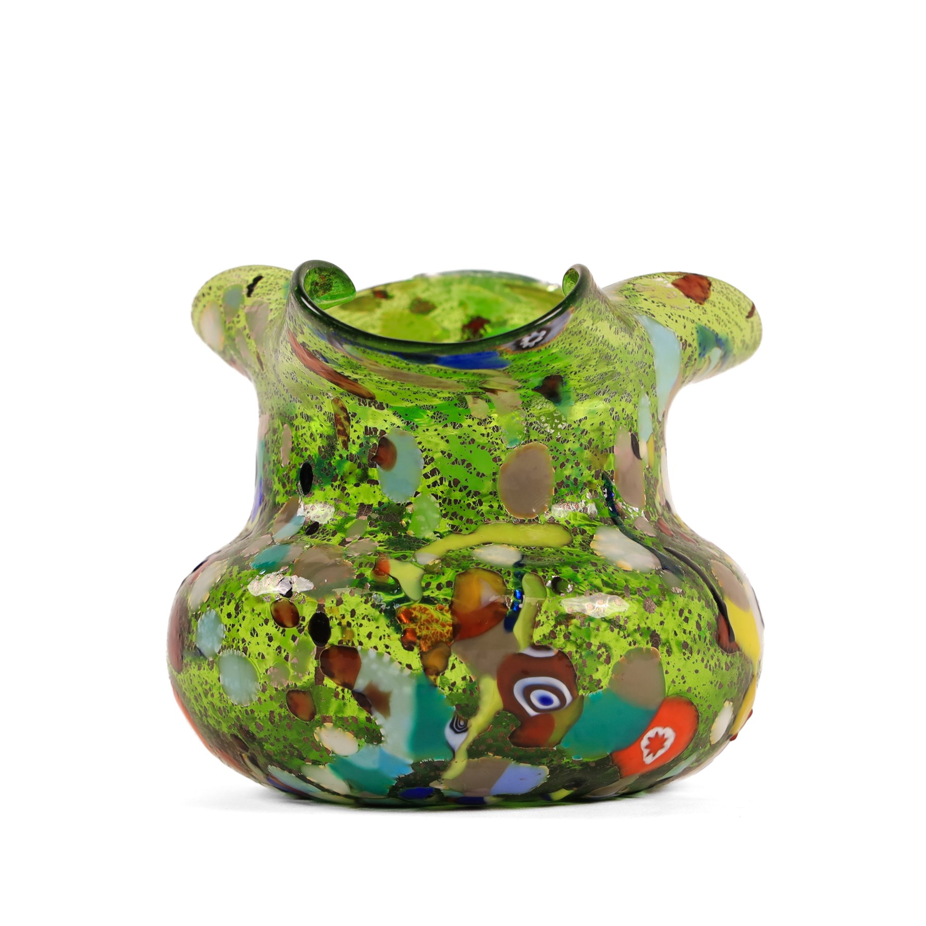 Two Murano Glass jugs by Zecchin, the fist decorated with millefiori design, upon a purple mottled ground, the other upon a green ground, H10cm