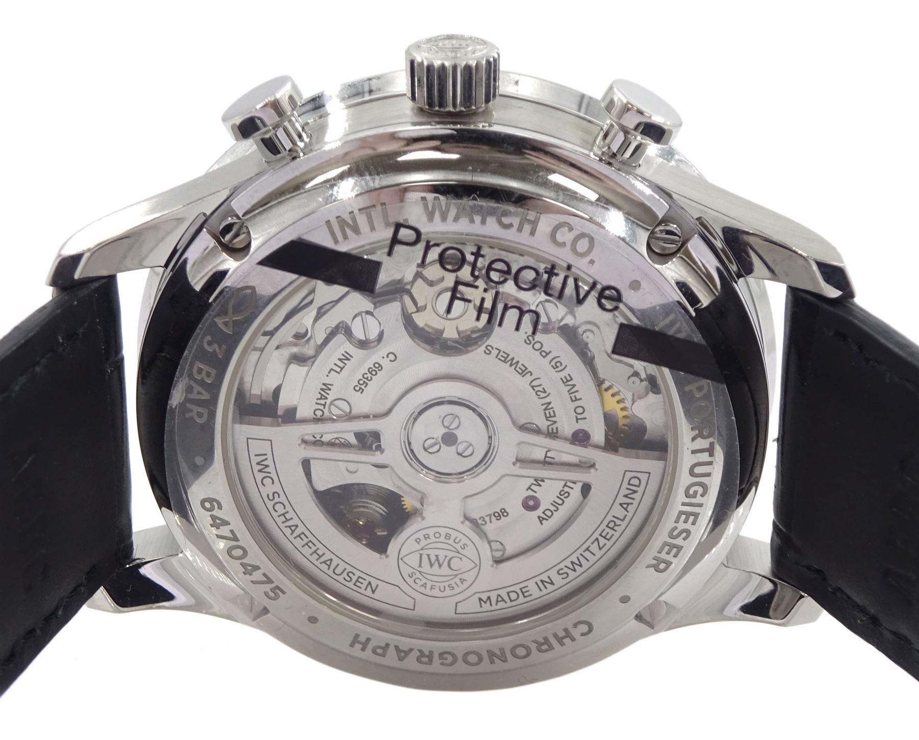IWC (International Watch Company) Portugieser gentleman's stainless steel automatic chronograph wristwatch, Ref. IW371609, black dial with subsidiary dials at 12 and 6 o'clock for continuous seconds and 30 minute recording, on original black leather strap, boxed with warranty card dated 05.12.2023