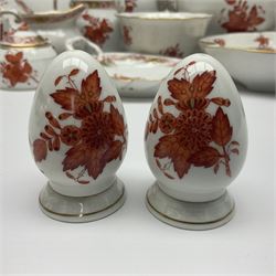 Herend Chinese Bouquet Rose pattern tea service comprising teapot, coffee pot, open sucrier, six cups and saucers, six tea plates, cream jug and stand, milk jug, two teabag holders, preserve pot, two leaf shaped dishes, four egg cups, salt & pepper pots, pair side plates and another plate