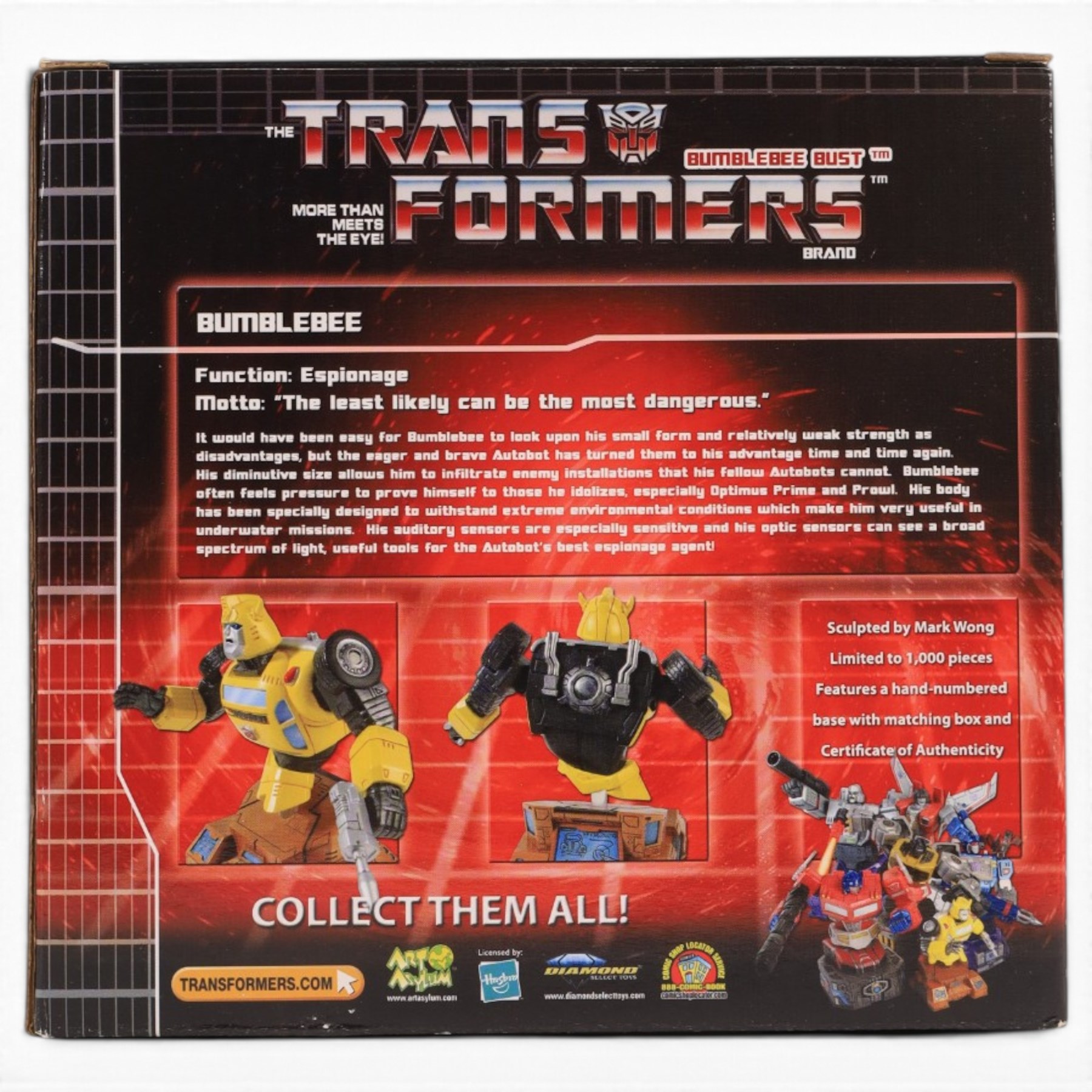 First 4 Figures Transformers Optimus Prime vs. Megatron model, together with a Hasbro Transformers Bumble Bee bust and a Hasbro Transformers Alarm Clock, all boxed