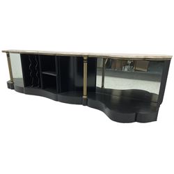 Italian ebonised and gilt serpentine corner console bookcase cabinet, shaped pink marble top over assorted shelves and dividers with fluted pilasters and mirror backs, on skirted base 
