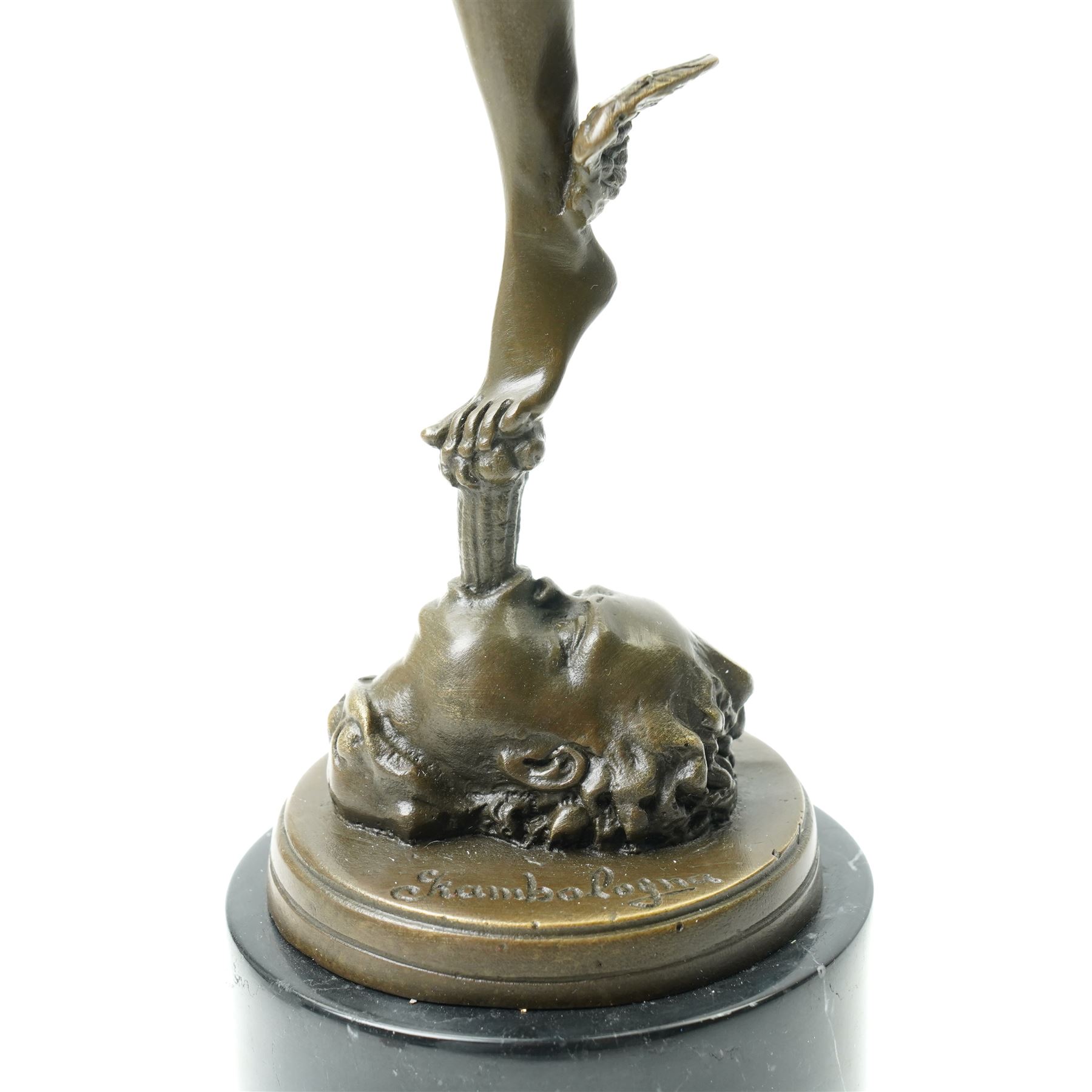 After Giambologna (Flemish 1529-1608): Bronze figure of Mercury holding a caduceus, on black marble base H43cm