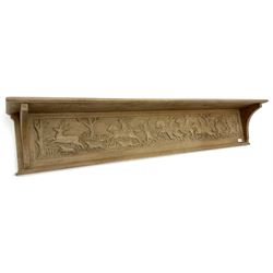 Oak wall shelf relief carved with hunting scene