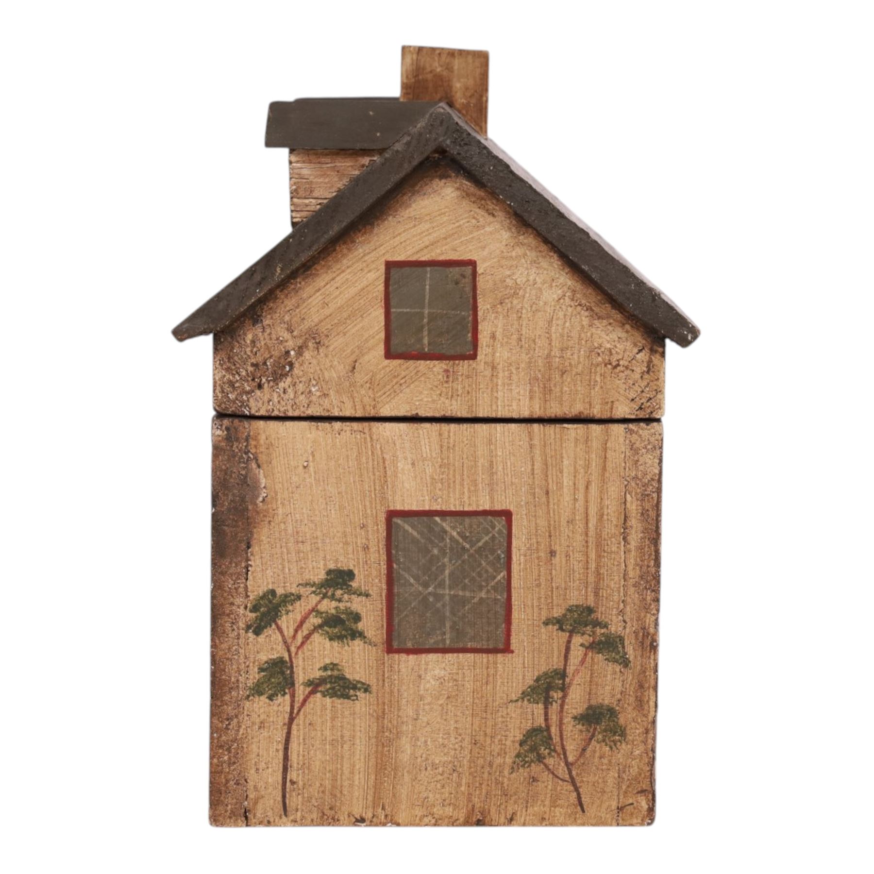 Wooden box in the form of a house, with hand painted details, H23cm