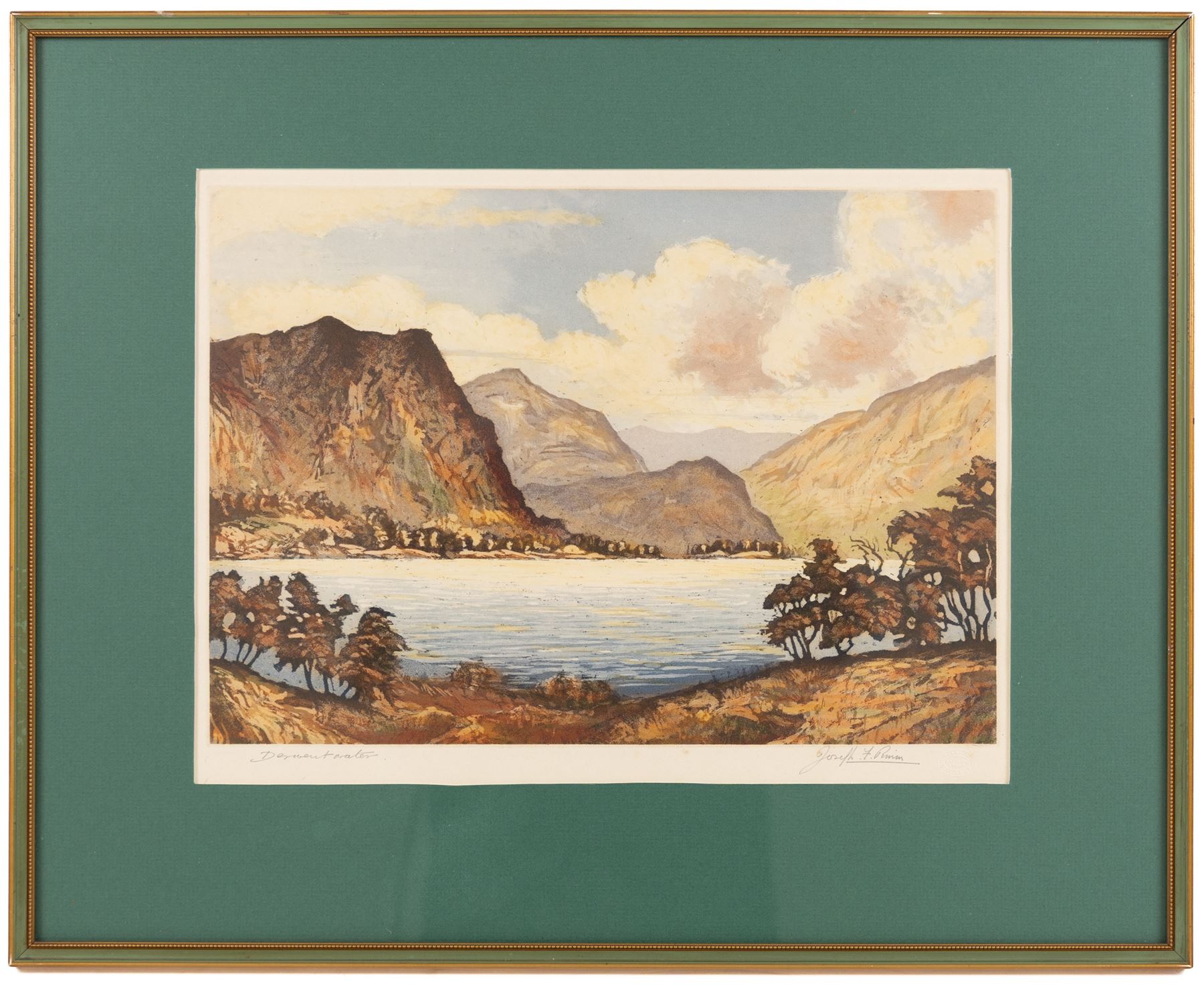 Winston Megoran (British 1913-1971): 'Autumn', coloured etching signed and titled on pencil, 29cm x 34cm; Joseph Frank Pimm (British 1900-1979): 'Derwent Water', coloured etching signed and titled in pencil 25cm x 35cm (2)