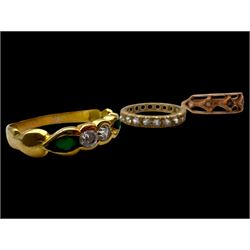 18ct gold stone set ring, 9ct rose gold ring and a 9ct paste set eternity ring