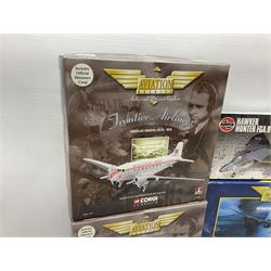 Small collection of aircraft model kits from Airfix and Matchbox etc with four Corgi Aviation Archive die-cast model planes comprising three 47104 and one 47304, one empty 47104 box 