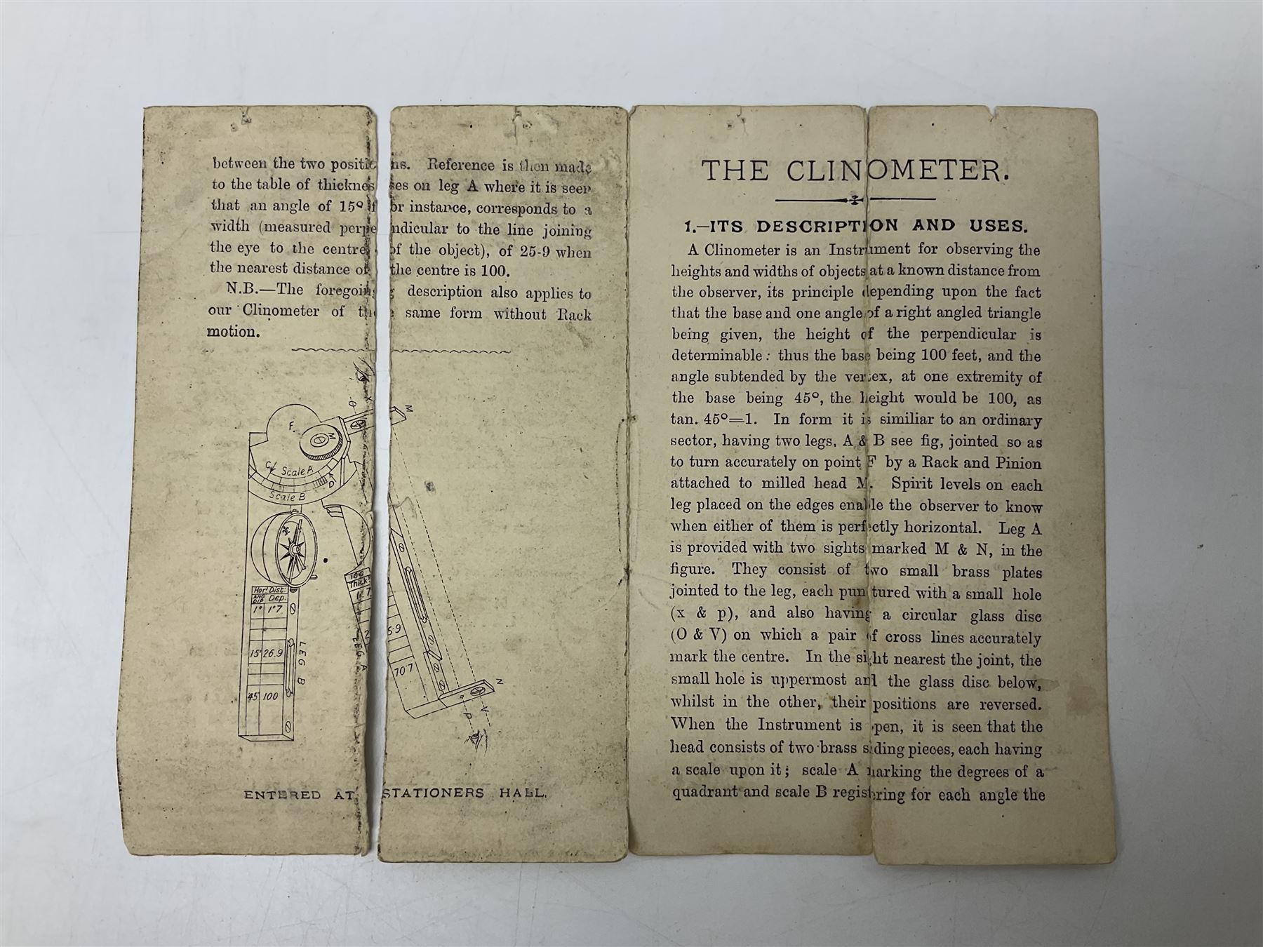 Late 19th/early 20th century boxwood and brass clinometer rule by Stanley, with inset magnetic compass, screw action protractor hinge divided to one degree with rise in inches per yard scale under, spirit level to one edge, marked 'W.F. Stanley Great Turnstile Holborn' with tables of distances, angles and thickness H16cm closed: in original leather covered case with instructions