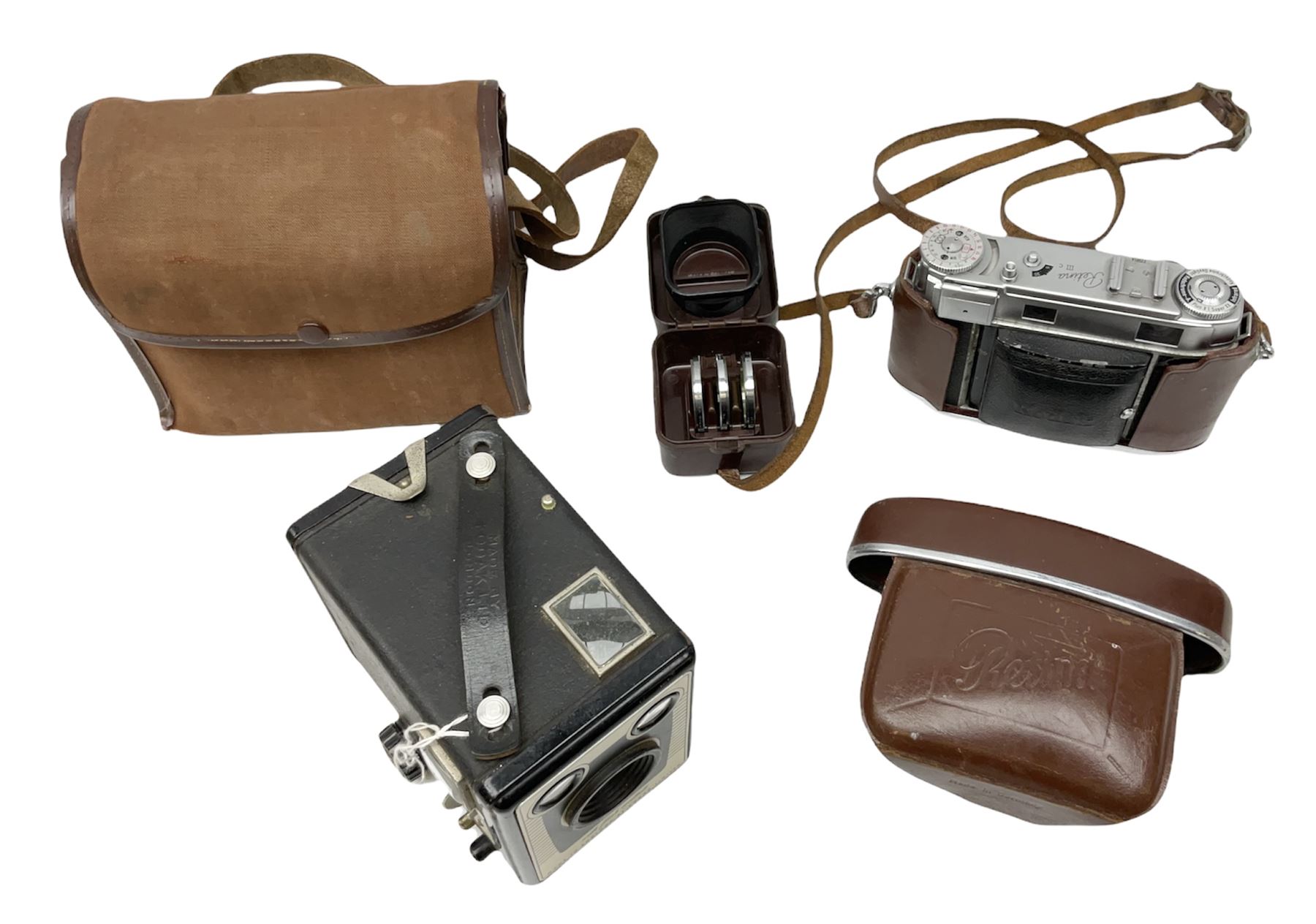 Kodak Retina III camera with 'Schneider-Kreuznach 3977724 Retina-Xenon C f:2/50mm' lens in leather case, and Brownie Model D in leather case