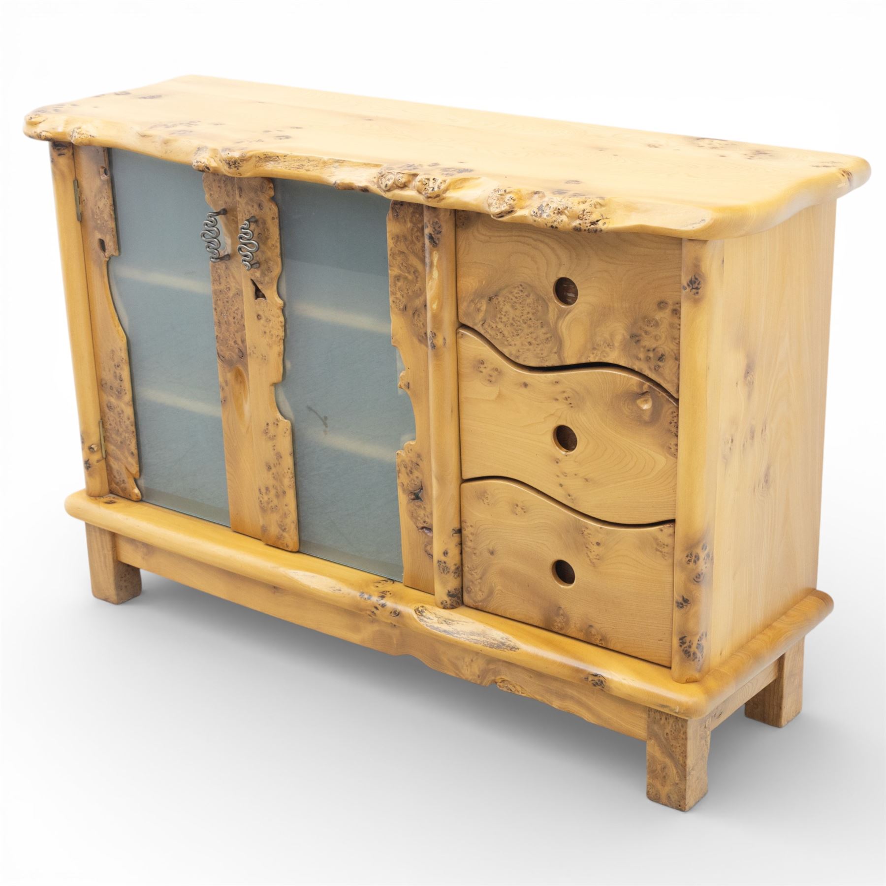 Paul Hodgkiss Designs of Glasgow - contemporary figured elm sideboard, burred elm organic form top, with frosted glass cabinet wrought metal handles revealing a fixed shelf interior, with three shaped drawers enclosing a fitted cutlery drawer, raised on square block feet 