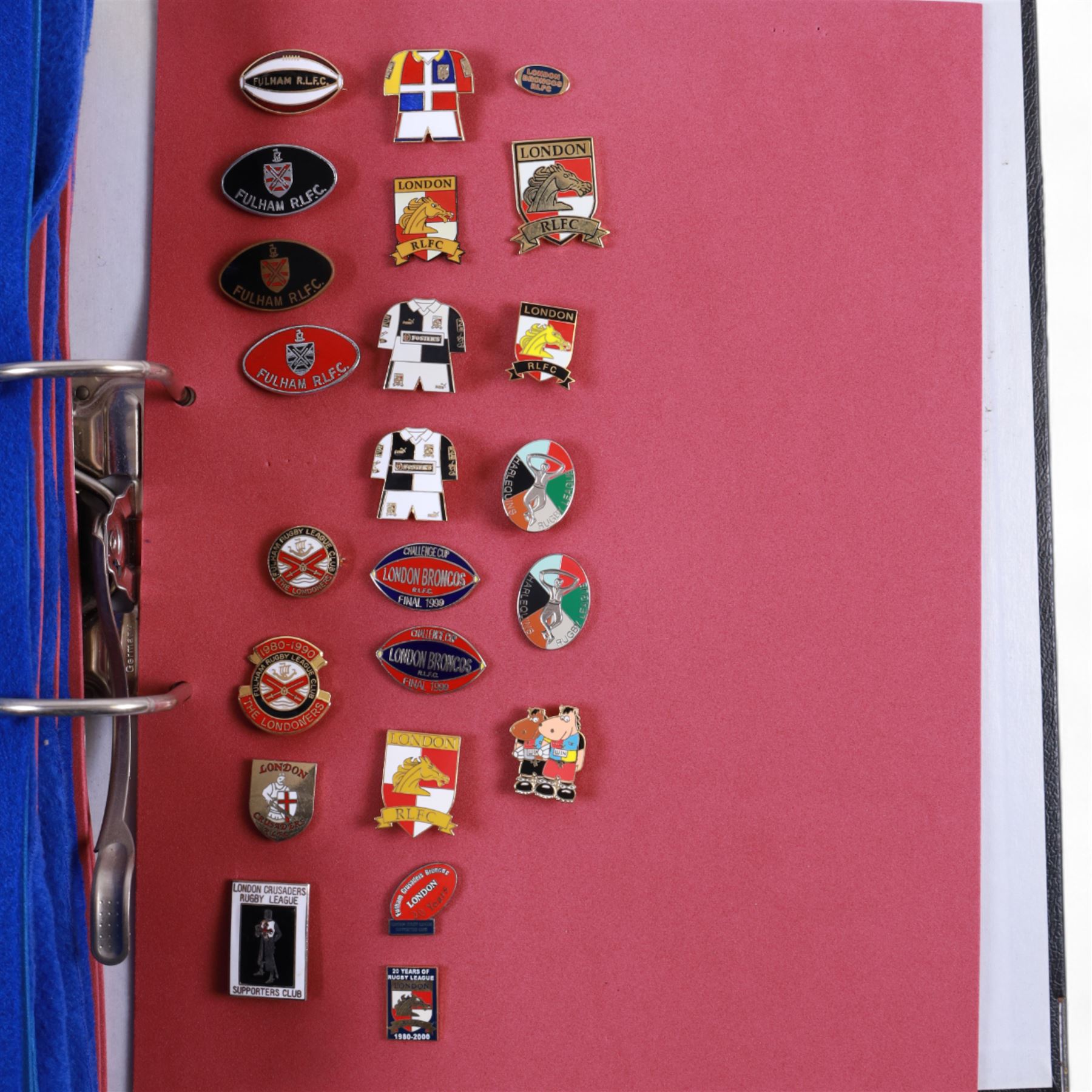 Rugby league enamel badge collection, from clubs including Leeds Rhinos, Lancashire Lynx, Leigh Centurions, London Broncos, Trafford Borough,Toulouse,  Belle Vue Rangers, Carlisle, Nottingham City Outlaws, housed in two folders, (approximately 280)