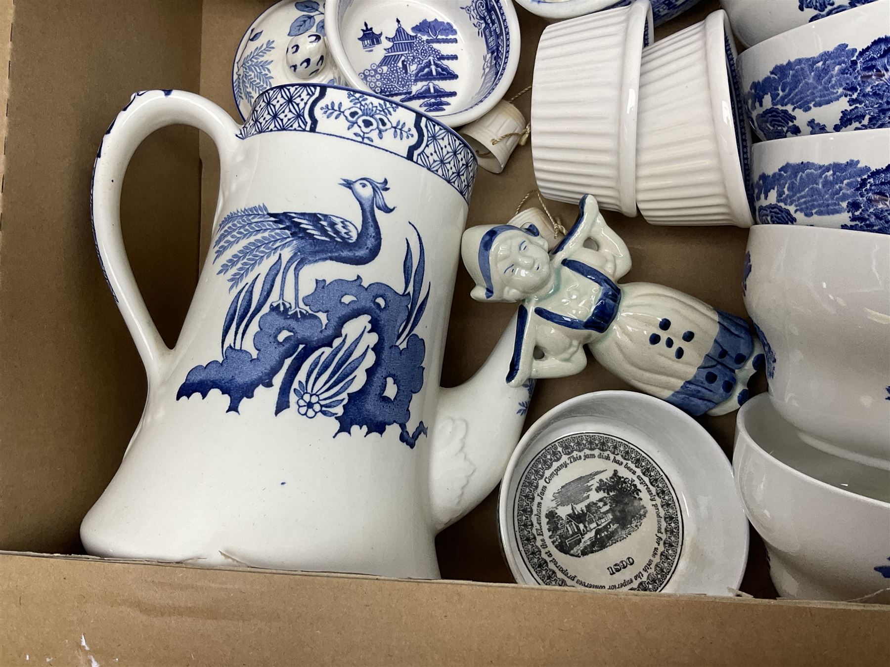 Large collection of blue and white ceramics, to include Spode Italian pattern with blue mark, Wood and Sons Yuan, pickle dish, Delft style etc, dinner plates, tea wares, bowls etc in six boxes