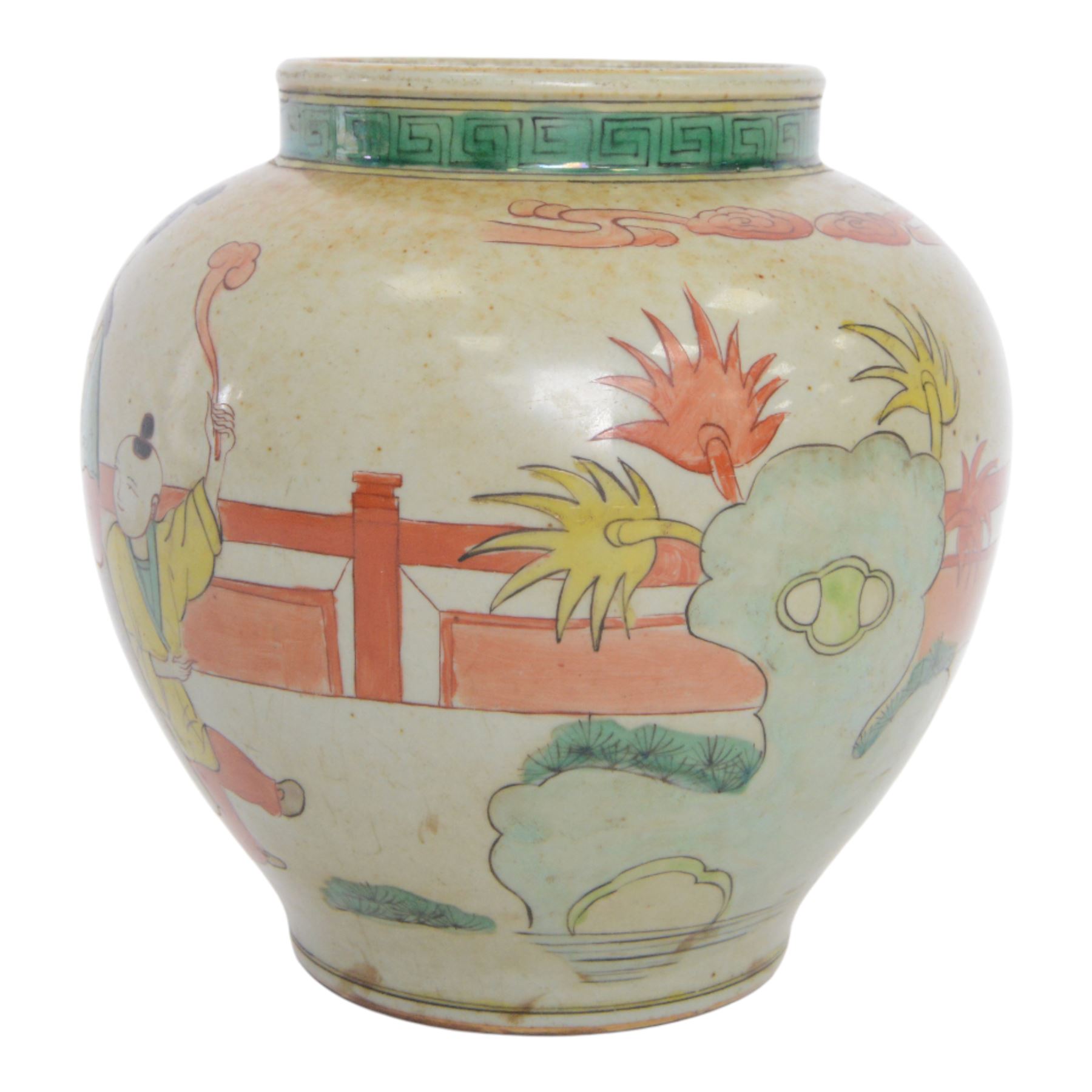 20th century Chinese vase, of baluster from decorated with figures with Greek key decoration to the rim, H22cm 