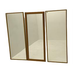 Pair light wood narrow framed wall mirrors (57cm x 144cm), and another light wood framed wall mirror