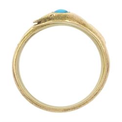 Victorian gold coiled snake ring, the head set with a single stone turquoise, stamped 15ct